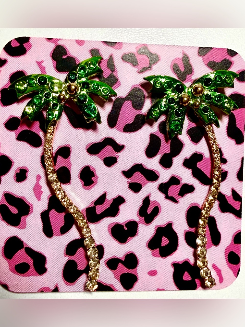 Green Palm Tree Crystal Drop Earrings, Betsy Johnson inspo. Coastal, Alternative